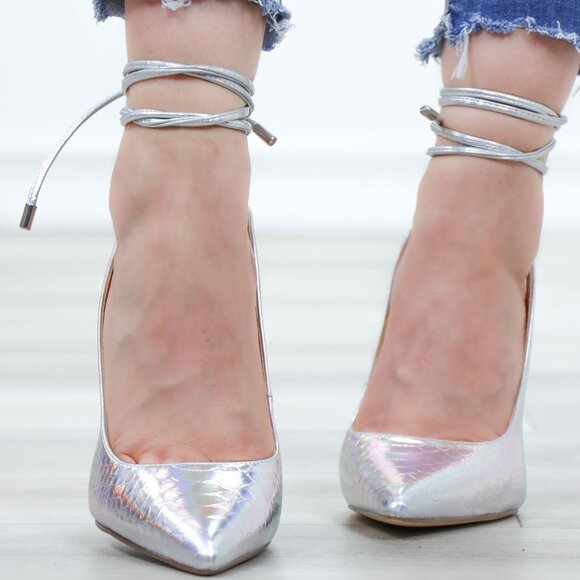 Holograpic Ankle Lace Strap Pointy Toe High Heel - Picture 15 of 16